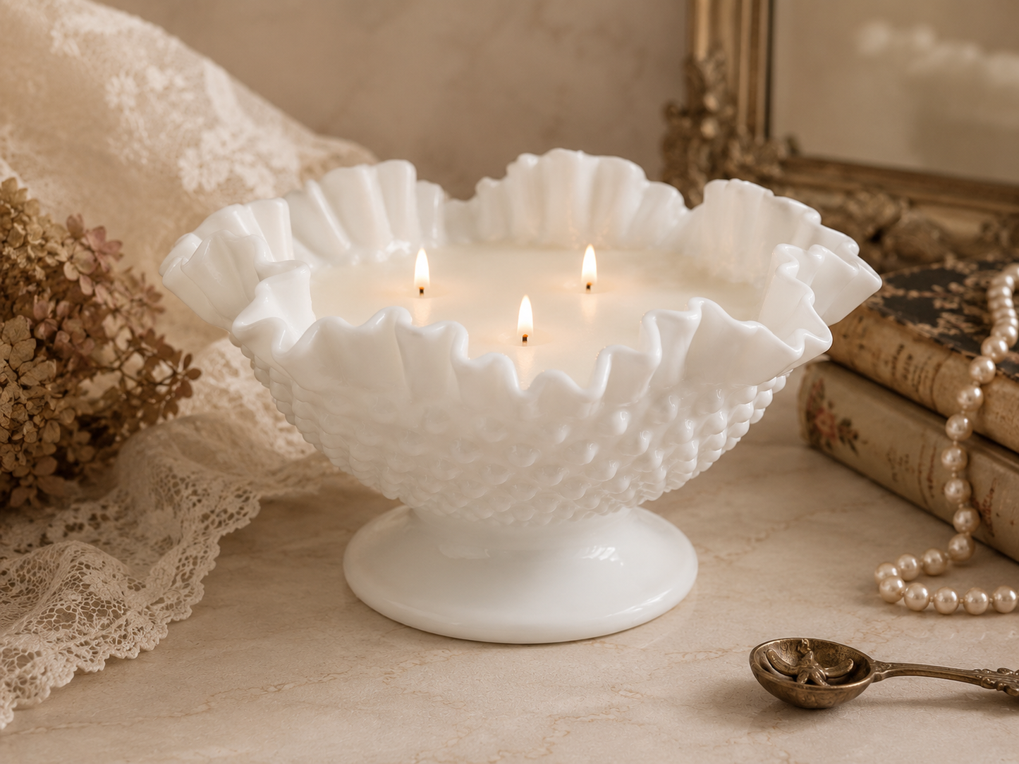 The Pearl Garden | Vintage Milk Glass Pedestal Heirloom Candle