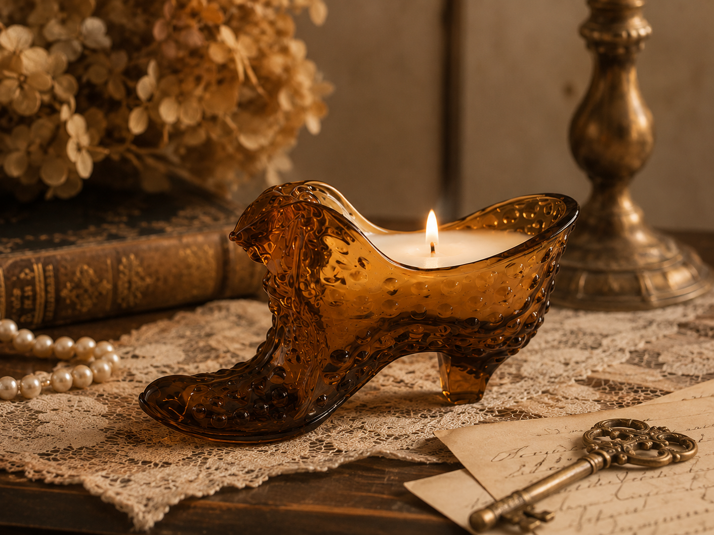 The Golden Slipper | Vintage Amber Glass Heirloom Candle